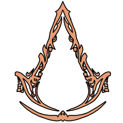 the Assassin's Creed: Mirage logo, colored copper. it looks like a capital letter Aleph with an arc underneath it, stylised to look like Arabic caligraphy.